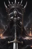 Placeholder: a demonic looking man with a sword in his hand, undead skeleton king, skeleton king, overlord season 4, ainz ooal gown, prince crown of black gears, the king of death, king of time reaper, overlord, lich vecna (d&d), dark and forboding, from overlord, scary knight, large black smile Overlord