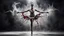 Placeholder: a bizarre surreal image where a dancer's legs there are bloody wounds on both foot, her dress completely drenched in sweat, she standing on tiptoe in a perfect dance pose, around her a fade gray vortex, capturing grasping the difficulty of dance, self-sacrifice, striving for perfection the impressive pose achieved through hard work, the beauty of dance, vertical light on the dancer, blur background is a cracked wall with half darkness and half shiny light, on wall fade the outlines of old and
