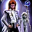 Placeholder: david bowie, one male model, white owl fancy clothes, Jim Henson's The Labyrinth, Jareth the goblin king, crystal ball in hand, wearing spandex grey leggings with a crotch bulge