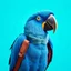 Placeholder: a wide shot of a blue glaucous macaw wearing a shoulder bag