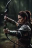 Placeholder: female warrior aiming a bow and arrow wearing leather half armour dark fantasy Realistic 4k