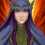 Placeholder: dungeons and dragons character, female half-elven sorcerer, blue robes, long dark hair, blue eyes, mysterious facial expression