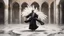 Placeholder: Hyper Realistic Black Clothed Sufi Whirling on marble floor with detailed Islamic Architecture Rustic Grungy Background outside white marble Islamic monument with white feathers