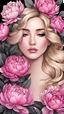 Placeholder: young couples , with blonde hair, a coloring page of a beautiful bouquet of peonies all around her face, her eyes are closed and dreaming peacefully, only her face shows, her face covered by the bouquet of peonies, with a black background, clear outline, no shadows, 4k