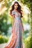 Placeholder: a beautiful woman model and actress, long hair, bright eyes perfect facial features,wearing pretty maxi dress beautiful favorite, a full body, he stands tall, background bokeh