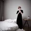 Placeholder: Realistic photo Russian shorthair beautiful 20-years tomboy boyish boylike young wife wide hips in bedroom black nightgown