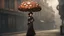 Placeholder: woman standing in a street with a parasol shaped like a mushroom with tentacles, in a steampunk setting