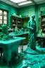 Placeholder: A bluish green laboratory covered in slime painted by Auguste Rodin