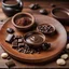 Placeholder: Chocolate pieces and liquid chocolate in a wooden plate on a wooden table, cocoa powder and coffee beans in a brown cloth bag next to the plate, ultra detailed, ultra realistic, intricate, photorealistic, 8K, sharp focus, epic composition, masterpiece