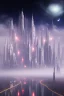 Placeholder: Cité cosmique futuriste, brouillard, riviers animé, soleil, ciel étoilé cgi,