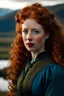 Placeholder: First century 35 year old Scottish Princess with stunning green eyes, red very curly hair, in a blue and gold dress with a loch in the background and scottish highlands all around