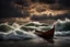 Placeholder: A real photographic landscape Super wide,Ominous sky,Sailing boat,Wooden boat,Lotus,Huge waves,Starr.