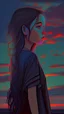 Placeholder: sunset behind the girl, digital painting, back view