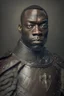 Placeholder: Portrait of a black man, fifty years, wearing a leather armor