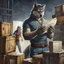 Placeholder: a chubby anthropomorphic wolf-man wearing t-shirt pants and red belt around his waist looking at several item lists in his paws in a large warehouse, around some boxes and wooden crate, an another anthropomorphic wolf-man just half visible in the doorway as he looks at him, detailed, realistic, sci-fi, anthro mood, fantasy