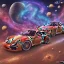 Placeholder: God like, Single extremely detailed Porsche and ferrari style car (Centered on image), moving on a silk road through the galaxy, symetrical, HD, 4k, 8k, Photo realistic, neon glow, Power colors