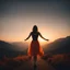 Placeholder: dark night, watching a woman from behind wearing a sleeveless dress, arms up in the air, who is walking towards a beautiful orange sunrise in the distance, mountains and forests around, photo quality