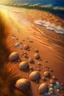 Placeholder: magic sea, beach with sand, shells, realistic, professional photo, 4k, top view, sanset