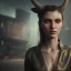 Placeholder: a moody medium-close-up shot of an attractive long-horned woman with golden eyes on a cyberpunk city sidewalk, high-resolution