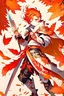 Placeholder: Kazuha wearing orange, red and white clothes with maple leaves all over his out fit and more orange hair, and orange eyes,waving in genshin impact with sword