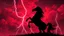 Placeholder: full silhouette of a horse rearing up(on right, facing left, outlined by lightning), red cloudy sky, lightning bolts(from top left, to bottom right), fantastic illustration