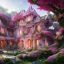 Placeholder: a magical flower bougainvillier fuksia house in the woods, pink vertical, sharp, vines, candlelit, endor, ornate, elegant, highly detailed, artstation, concept art, smooth, sharp focus, illustration, 8k, splash art, wallpaper, key visual