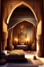 Placeholder: An Egyptian bedroom with arches, a big bed, cushions, rugs, lamps