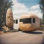 Placeholder: Polaroid picture of a RV parked next to a giant peanut sculpture that is a strange roadside attraction, fantastical, realistic, road trip picture