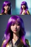 Placeholder: Young asian woman, anime barbarian character, purple hair, gold eyes, long hair gold jewelry, leather, vibrant color, highly detailed, art stations, concept art, smooth, unreal engine 5, god rays, ray tracing, RTX, lumen lighting, ultra detail, volumetric lighting, 3d, finely drawn, high definition, high resolution.