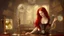 Placeholder: Victorian red long hair woman leaning over a desk, working on a tiny clockwork machine, while looking through a magnifying glass, in a dark laboratory, full of devices and machines