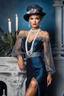 Placeholder: full body beautiful girl, elegant silver,lace clothes of the 80s, luxury style, small elegant hat with feather, hair of the 80s, pearl necklace, earrings masterful, beautiful face,blue backdrop