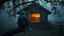 Placeholder: back to he camera sitting a barn on a tree branch and looks into the poor village room through the window, mystic fog, autumn, rain, little light, sunset, high detailed, sharp focuses, photorealistic, perspective, cinematic, dramatic vibe