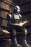 Placeholder: A huge library is serviced by computers, and there are many books on the shelves. The robot is sitting on a chair at the table and holding an antique book in his hands. Expression. High-quality drawing, 8K