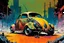 Placeholder: create an abstract, stripped down, post apocalyptic Volkwagen beetle rat rod with highly detailed features, lost in a horrific industrial wasteland, in the comic book art style of Bill Sienkiewicz, Mike Mignola, and Jean Giraud Moebius , searing lines , forceful strokes, precisely drawn, inked, and colored