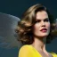 Placeholder: Eva Herzigova has angel wings. She has beautiful eyes, Her hair flies in the air. with yellow flowers for hair, closed eyes, rtx, reflection, 8k, glow, winning photography, caustics