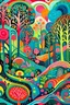 Placeholder: royalty free aerial view naiive art style magical forest with bird block pastel colors on velvet collage Hundertwasser and Matisse