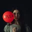 Placeholder: a young sad woman holding a ballonn written "PLEASE", surreal, liminal atmosphere