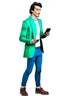 Placeholder: Modern guy, 20s, "holding ipad in left hand", looks like a "renaissance painting look", walking forward, full body, "persian green jacket", blue pants, "right hand pointing to the ground". "Front facing" "forward view" white background