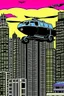 Placeholder: punisher sku;; city helicopter chasing car in the style of Hiroshi Nagai