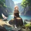 Placeholder: anime girl is praying with her eyes closed, meditating, rock trees, birds, creek