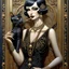 Placeholder: Mixed media, a tall beautiful woman with the head of a Siamese cat, wearing a black dress with pearls and long black gloves, she is holding a cigarette in a cigarette holder, background in the style of art deco Klimt, George Barbier, 3d, Bas relief, encaustic, gold leaf accents. Modifiers: highly detailed elegant dof fantasy portrait very attractive beautiful dynamic lighting 4K 3D crisp quality Unreal Engine very cute cinematic postprocessing pencil sketch Arthur Rackham Surrealism Gustave Kli