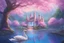 Placeholder: a pink tree in the style of A Silent Voice with futuristic crystal castle in the countryside, starship, green plants, flowers, wisteria, big trees blue sky, pink, blue, yellow soft lights, waterfall with beautiful fairies with long hair and transparent wings, couple of swans swimming in the lake