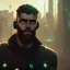 Placeholder: DJ cyborg short bearded Christian Boshell with headphones. dystopian cyberpunk sin city style, cinematic Fire themed art, Dark moody atmosphere, similar to a Leonardo da Vinci art direction, close-up face