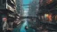 Placeholder: Water-level view of buildings on a canal, made of metal, cyberpunk, many painted colours, floating and flying boats, balconies, bridges, people, shopping, eating, walking, fifth element, ghost in the shell, altered carbon