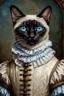 Placeholder: Portrait Renaissance Portrait of a female Siamese cat wearing classic mediveal outfit, oil painting texture, piercing blue eyes