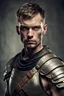 Placeholder: full lenght portrait of a human warrior with short hair and a serious expression