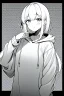 Placeholder: girl dressed in a loose sweatshirt and with one hand touch on her heart, line arts, greyscale