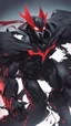Placeholder: A close picture to Mix between transformers and batman and symbiote venom in solo leveling shadow art style with red details detailsis in fantasy world
