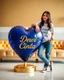 Placeholder: Create a luxurious sapphire blue heart, shiny and bright, edged with pink gems, on a gold base. The heart should prominently display the text 'Dewi Cinta ' in bold gold letters. To the right of the heart, include a beautiful young lady in casual clothes leaning on the heart, wearing a t-shirt with details the text 'Dewi Cinta '. Against a long gold sofa,