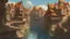 Placeholder: medieval buildings with balconies overhanging lake edge with blue sky and people, photorealism, fantastical, intricate detail, splash screen, concept art